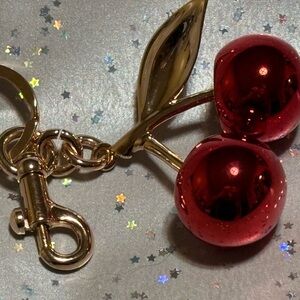 Metallic Red Cherry Bag Charm / Keychain with Gold tone Accents